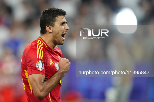 Rodrigo Hernandez defensive midfield of Spain and Manchester City celebrates victory after the UEFA EURO 2024 semi-final match between Spain...