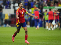 Rodrigo Hernandez defensive midfield of Spain and Manchester City celebrates victory after the UEFA EURO 2024 semi-final match between Spain...