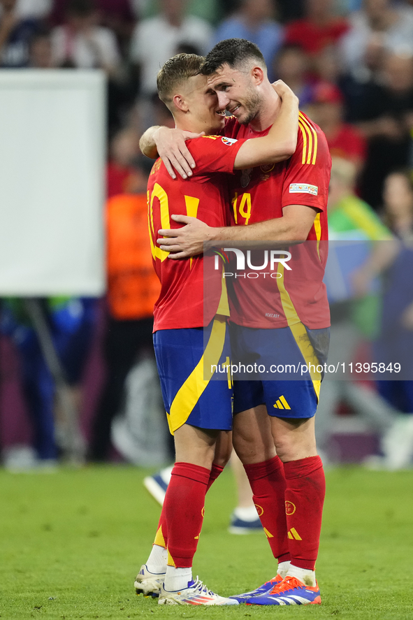 Dani Olmo attacking midfield of Spain and RB Leipzig and Aymeric Laporte centre-back of Spain and Al-Nassr FC  celebrate victory after the U...