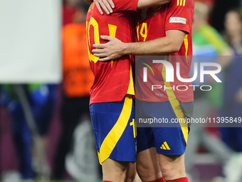 Dani Olmo attacking midfield of Spain and RB Leipzig and Aymeric Laporte centre-back of Spain and Al-Nassr FC  celebrate victory after the U...