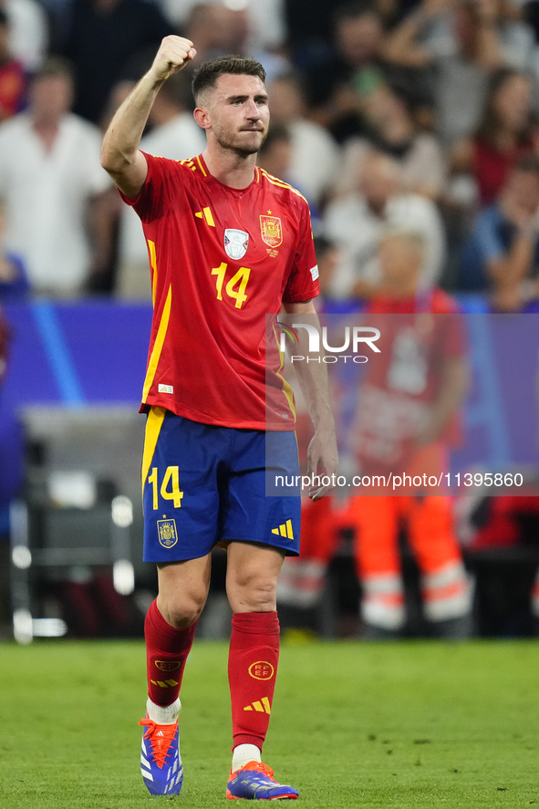 Aymeric Laporte centre-back of Spain and Al-Nassr FC celebrates victory after the UEFA EURO 2024 semi-final match between Spain v France at...