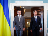 Foreign Minister Dmytro Kuleba of Ukraine (left) and Secretary of State Antony Blinken make statements to the press following a meeting at t...