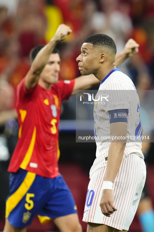 Kylian Mbappe centre-forward of France and Real Madrid dejected after losing during the UEFA EURO 2024 semi-final match between Spain v Fran...