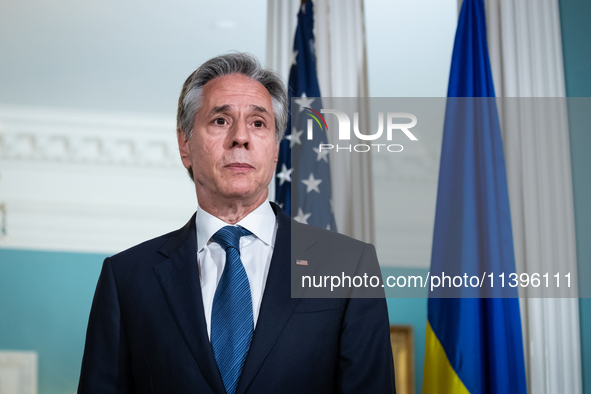 Secretary of State Antony Blinken speaks to the press with Foreign Minister Dmytro Kuleba of Ukraine following their meeting at the State De...