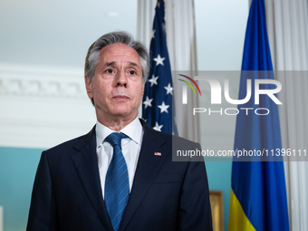 Secretary of State Antony Blinken speaks to the press with Foreign Minister Dmytro Kuleba of Ukraine following their meeting at the State De...