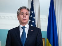 Secretary of State Antony Blinken speaks to the press with Foreign Minister Dmytro Kuleba of Ukraine following their meeting at the State De...