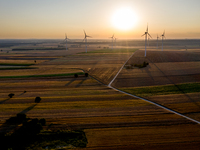 Wind turbines are seen on a wind farm on a field between agricultural produce against a sunset in a countryside in a village near Radom, Pol...