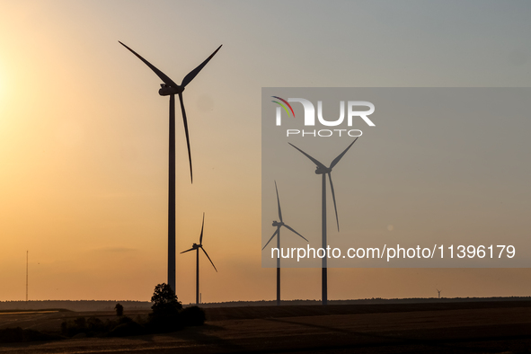 Wind turbines are seen on a wind farm on a field between agricultural produce against a sunset in a countryside in a village near Radom, Pol...