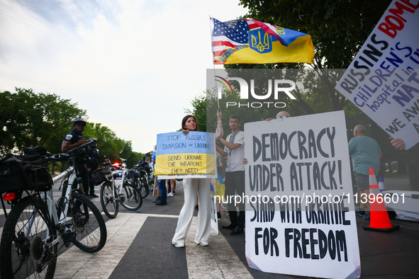 Ukrainians and supporters attend solidarity with Ukraine demonstration in front of the Washington Monument during the 75th NATO Summit in Wa...