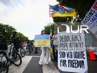 Ukrainians and supporters attend solidarity with Ukraine demonstration in front of the Washington Monument during the 75th NATO Summit in Wa...