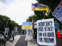 Ukrainians and supporters attend solidarity with Ukraine demonstration in front of the Washington Monument during the 75th NATO Summit in Wa...