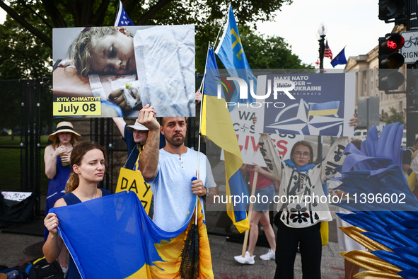 Ukrainians and supporters attend solidarity with Ukraine demonstration in front of the Washington Monument during the 75th NATO Summit in Wa...