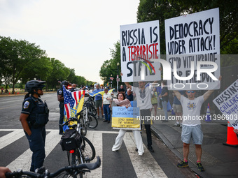 Ukrainians and supporters attend solidarity with Ukraine demonstration in front of the Washington Monument during the 75th NATO Summit in Wa...