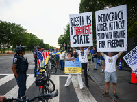 Ukrainians and supporters attend solidarity with Ukraine demonstration in front of the Washington Monument during the 75th NATO Summit in Wa...