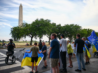 Ukrainians and supporters attend solidarity with Ukraine demonstration in front of the Washington Monument during the 75th NATO Summit in Wa...