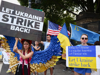 Ukrainians and supporters attend solidarity with Ukraine demonstration in front of the Washington Monument during the 75th NATO Summit in Wa...