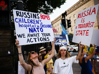 Ukrainians and supporters attend solidarity with Ukraine demonstration in front of the Washington Monument during the 75th NATO Summit in Wa...