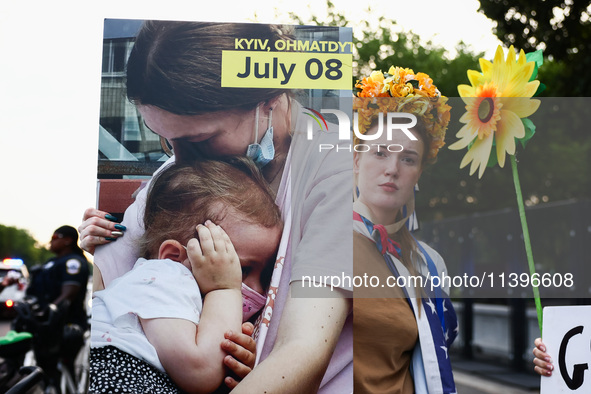 Ukrainians and supporters attend solidarity with Ukraine demonstration in front of the Washington Monument during the 75th NATO Summit in Wa...