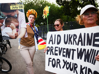 Ukrainians and supporters attend solidarity with Ukraine demonstration in front of the Washington Monument during the 75th NATO Summit in Wa...