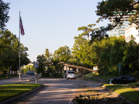 A line of cars is cautiously driving under a fallen tree on Kirby Drive near the intersection of Kirby and Shepherd in Houston, Texas, on Ju...