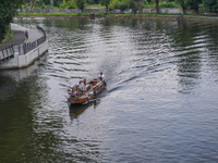 A boat is going on the Brda River in Bydgoszcz, Poland, on May 30, 2024 (