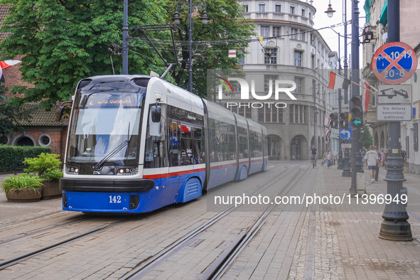 A PESA tram train is being seen on the street in Bydgoszcz, Poland, on May 30, 2024 