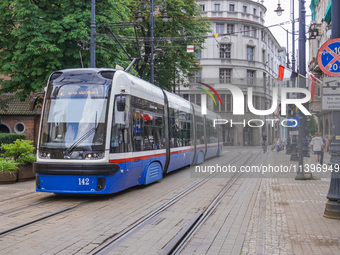 A PESA tram train is being seen on the street in Bydgoszcz, Poland, on May 30, 2024 (