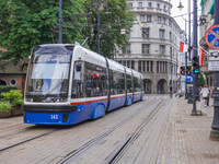 A PESA tram train is being seen on the street in Bydgoszcz, Poland, on May 30, 2024 (