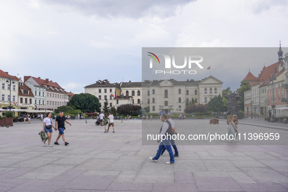 A general view of the old town square with open-air restaurants is being seen in Bydgoszcz, Poland, on May 30, 2024. 