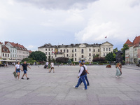 A general view of the old town square with open-air restaurants is being seen in Bydgoszcz, Poland, on May 30, 2024. (