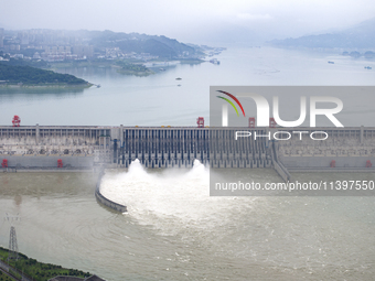 The Three Gorges Dam is releasing flood water for the first time this year in Yichang, Hubei province, China, on July 10, 2024. (