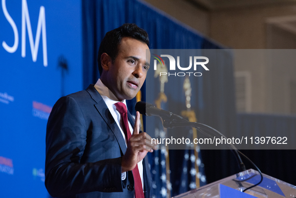 Former Presidential Candidate Vivek Ramaswamy Speaks At The 2024 National Conservatism Conference In Washington DC On July 9th, 2024. Photo...