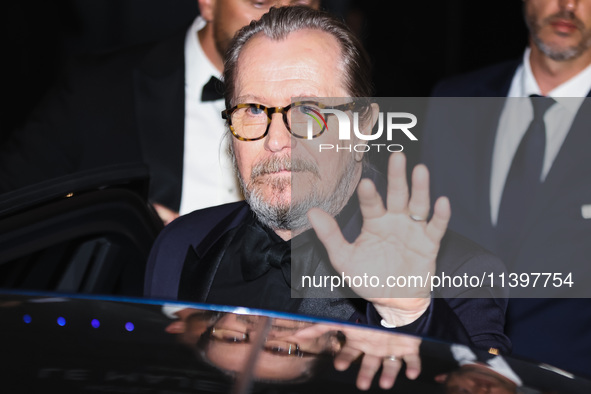 Gary Oldman is leaving the hotel for the red carpet of Parthenope during the 77th Festival de Cannes in Cannes, France, on May 21, 2024 