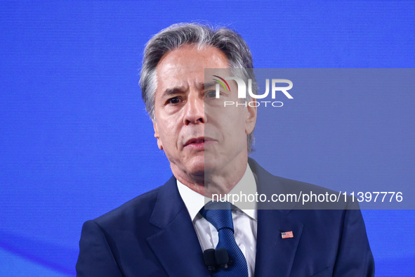 US Secretary of State Antony Blinken speaks at the Public Forum during the 75th NATO Summit in the Walter E. Washington Convention Center in...