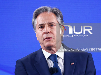 US Secretary of State Antony Blinken speaks at the Public Forum during the 75th NATO Summit in the Walter E. Washington Convention Center in...