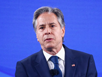 US Secretary of State Antony Blinken speaks at the Public Forum during the 75th NATO Summit in the Walter E. Washington Convention Center in...