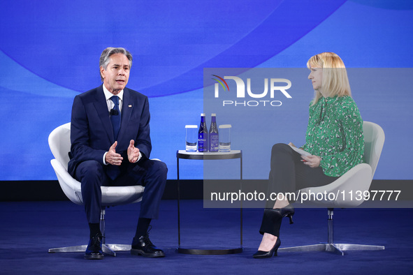 US Secretary of State Antony Blinken speaks at the Public Forum during the 75th NATO Summit in the Walter E. Washington Convention Center in...