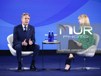 US Secretary of State Antony Blinken speaks at the Public Forum during the 75th NATO Summit in the Walter E. Washington Convention Center in...