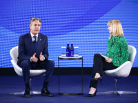 US Secretary of State Antony Blinken speaks at the Public Forum during the 75th NATO Summit in the Walter E. Washington Convention Center in...