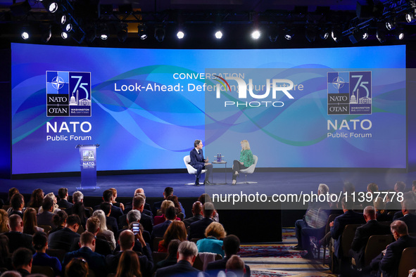 US Secretary of State Antony Blinken speaks at the Public Forum during the 75th NATO Summit in the Walter E. Washington Convention Center in...