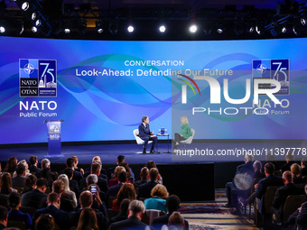 US Secretary of State Antony Blinken speaks at the Public Forum during the 75th NATO Summit in the Walter E. Washington Convention Center in...