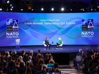 US Secretary of State Antony Blinken speaks at the Public Forum during the 75th NATO Summit in the Walter E. Washington Convention Center in...