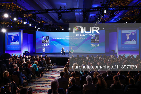 US Secretary of State Antony Blinken speaks at the Public Forum during the 75th NATO Summit in the Walter E. Washington Convention Center in...