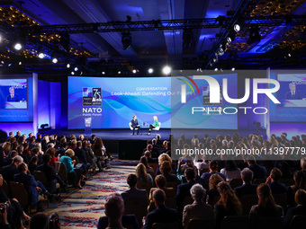 US Secretary of State Antony Blinken speaks at the Public Forum during the 75th NATO Summit in the Walter E. Washington Convention Center in...