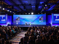 US Secretary of State Antony Blinken speaks at the Public Forum during the 75th NATO Summit in the Walter E. Washington Convention Center in...