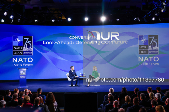 US Secretary of State Antony Blinken speaks at the Public Forum during the 75th NATO Summit in the Walter E. Washington Convention Center in...