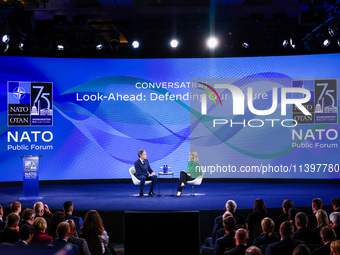 US Secretary of State Antony Blinken speaks at the Public Forum during the 75th NATO Summit in the Walter E. Washington Convention Center in...