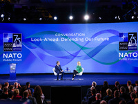 US Secretary of State Antony Blinken speaks at the Public Forum during the 75th NATO Summit in the Walter E. Washington Convention Center in...