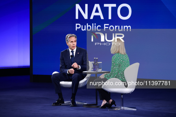 US Secretary of State Antony Blinken speaks at the Public Forum during the 75th NATO Summit in the Walter E. Washington Convention Center in...