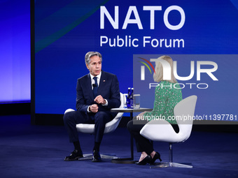 US Secretary of State Antony Blinken speaks at the Public Forum during the 75th NATO Summit in the Walter E. Washington Convention Center in...